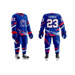 ชุดยูนิฟอร์มฮอกกี้น้ำแข็งสีน้ำเงินแบบขายส่ง ชุดเสื้อ กางเกง และถุงเท้าแบบกำหนดเอง พร้อมชื่อและหมายเลข - Product Image 1