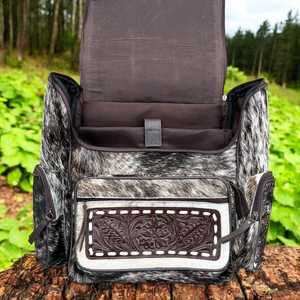 Cowhide Hair Rucksack Backpack Hand-Tooled Floral Carving 100% Genuine Leather Vintage College Waterproof Large Capacity Travel - Product Image 3