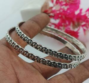 925 <b>Silver</b> Plated 2 Set Pattern Textured Vintage Bahamian Daily Wear <b>Bangle</b> Stackable Adjustable Bracelet <b>Women</b> Fashion Jewelry - Product Image 1