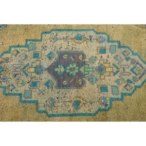 1.8x4.9 ft Turkish Vintage Rug, Small Rug, <b>Yellow</b> Blue Floral <b>Wool</b> Rug - Product Image 4