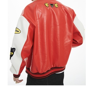 Custom Embroidery Logo Red Color Crop Men Leather Coats Oem Pu Leather Varsity <b>Jacket</b> for Men - Product Image 3