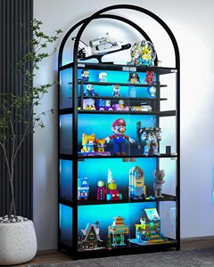 ตู้โชว์กระจกโค้งหรูหราพร้อมไฟ LED RGB, ตู้โชว์ 5 ชั้นสำหรับจัดแสดงของสะสม, ตู้โชว์สีดำทันสมัย - Product Image 1