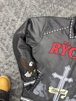 Blouson aviateur en cuir de veau noir épais personnalisé pour homme, fermeture éclair, col montant, garniture en laine crochetée, broderie RYCHE