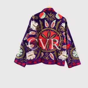 Hand Embroidered Floral Velvet Coat Bohemian Style Full Sleeve Turn-down Collar Casual Outerwear for Women Autumn - Product Image 4