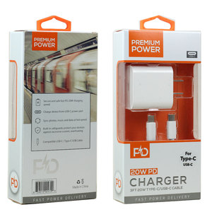 Caricabatterie rapido USB-C 20W PD con cavo USB-C 3FT, 2 in1 a parete per dispositivi universali - Product Image 1