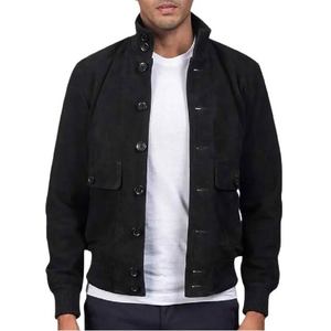 Veste en cuir de mouton noir élégant pour hommes avec col haut fermeture à glissière poignets en tricot côtelé doublure en polyester avec plusieurs poches - Product Image 1
