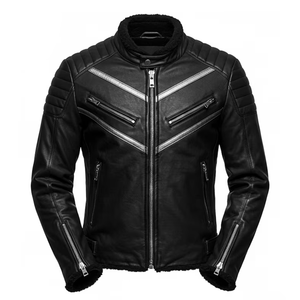 แจ็กเก็ตมอเตอร์ไซด์หนังแกะสีดำกันลมสำหรับนักขี่จักรยานลายสีเงินพร้อมเกราะป้องกันด้านใน - Product Image 2