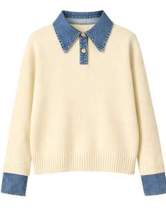Pull en tricot pour femme personnalisé avec col en jean, manches longues, col boutonné, pull décontracté d'hiver, mélange d'acrylique doux, tendance - Product Image 1