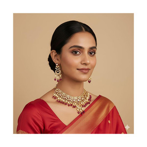 ชุดสร้อยคอปาร์ตี้สำหรับผู้หญิงประดับเพชรลายจุดสีทอง18K สุดคลาสสิก kundan meena - Product Image 1