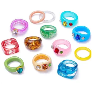 Vintage Geometric Transparent Acrylic Resin Ring For Women Girls Harajuku Jewelry Mixed Color Thick SqUD