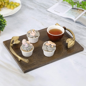 Bandeja Rectangular de Madera de Acacia con Asas de Rama de Hoja Metálica Dorada, Plato Decorativo de Madera para Comida, para Mesa de Centro, Hotel - Product Image 3