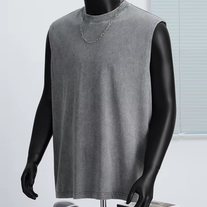 Wash Vintage 100% Chaleco de algodón Logotipo personalizado Oversized Street Color sólido Camiseta de manga suelta para hombres - Product Image 2