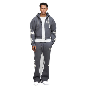 Conjunto Deportivo Gris para Hombre, Sudadera con Capucha y Estampado Cruzado, Top Corto con Cremallera y Pantalones Jogger Acampanados, Felpa Gruesa, Estilo Urbano, Suave y Transpirable - Product Image 1