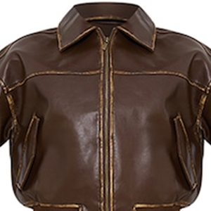 แจ็คเก็ตบอมเบอร์หนังเทียมสีน้ำตาลแบบกันน้ำ รุ่นเรกูลาร์ ยูนิเซ็กส์ สตรีทแวร์ ซิปหน้า แขนเสื้อและชายเสื้อแบบริบ พรีเมียม - Product Image 6