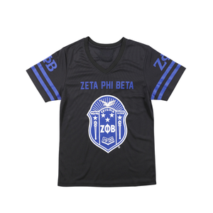 Zeta Phi Beta Football Jersey Tee Noir 100% Polyester Brodé Logos Fidèle À La Taille Col En V Double Rayé Manches Ourlet - Product Image 1
