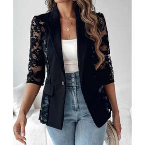 Veste en satin à manches longues pour femme, avec poignets Truvakar, boutonnée sur le devant, avec poches et dentelle, 29840 - Noir - Product Image 3