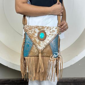 Hot Sale 2025 Real Hair on Leather Fringe Handbag New Western Stylish Turquoise Stone Cowhide Leather Crossbody Purse Sling Bag - Product Image 1