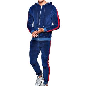 Survêtement deux pièces en velours à rayures avec rayure blanche pour hommes, sweats à capuche très ajustés, en tissu polaire imprimé, avec logo personnalisé - Product Image 1