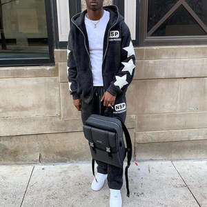 Sweat-shirt avec logo brodé personnalisé pour hommes, survêtement évasé à fermeture éclair complète, ensemble pantalon de survêtement et sweat à capuche lavés à l'acide - Product Image 1