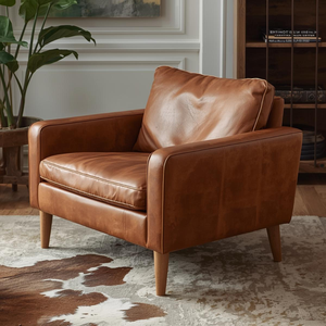 Light <b>Brown</b> Genuine Leather Accent <b>Chair</b> Mid Century Modern Straight <b>Arm</b> <b>Chair</b> for Apartment Living Room Waiting Area - Product Image 1