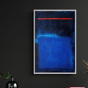 Impresión en lienzo abstracto estilo Rothko: azul profundo, acento de línea roja, lienzo con marco blanco - Product Image 1