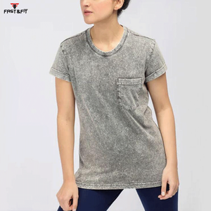 Vente en gros de t-shirts pour femmes, vêtements de sport écologiques, respirants, à manches courtes, effet délavé, personnalisables - Product Image 2