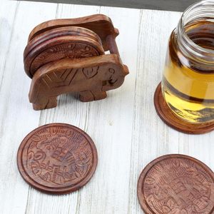 Elephant Design <b>Wooden</b> <b>Coasters</b> with Holder - Set of 6, Handcrafted in India, Great Gifts for Any Occasion - Product Image 3