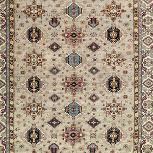 Tapis persan en laine de qualité supérieure, fabriqué à la machine, design géométrique traditionnel ivoire - Product Image 1