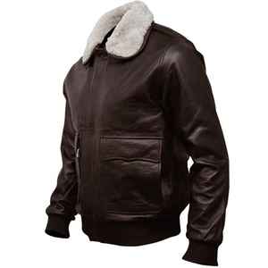 Chaqueta de cuero de bombardero para hombre, abrigo de cuero negro y marrón para hombre con abrigo largo de cuello de piel real para chaquetas unisex - Product Image 2