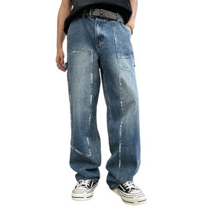 Jean large tube droit décontracté grande taille pour hommes, nouveau denim lavé à l'eau avec poches inclinées et graphiques irréguliers - Product Image 1