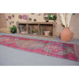 Alfombra Kilim turca Vintage de 2,8x11 pies, rosa, naranja, lana hecha a mano, respaldo de látex, patrón abstracto Rectangular para pasillo de dormitorio - Product Image 4