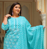 Kadınlar için Güzel Hint Parti Festivali Kıyafeti Çiçek Baskılı Dantel Püsküllü 3 Parçalı Pamuklu Kurta Takımı Pantolon Dupatta