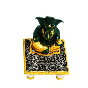 Marble Ganesh Statue with Chowki Hand-Carved Resin Made <b>Stone</b> Carving Technique Engraving - Product Image 2