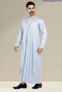Modeste Musulman Traditionnel Iijabia Vietnam Importé Chamak Dhamak Tissu Omani Thobe Jubba Pour Hommes-Bleu Clair - Product Image 5
