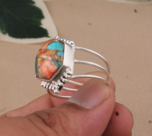 Boho hexagone bague Turquoise et huître épineuse 925 bague en argent Sterling déclaration à la main bijoux en argent cadeau pour elle - Product Image 5