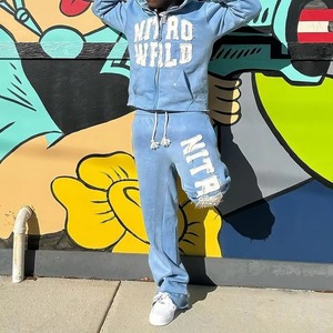Satin Zip up Hoodie and Joggers Set Sportswear Tracksuit Rhinestone Custom Embroidery Tracksuit <b>Flared</b> Sweatpants and Hoodie Set - Product Image 3