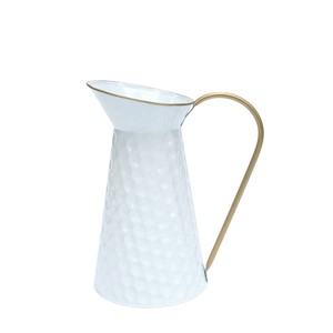 Metal Flower <b>Vase</b> Pitcher <b>White</b> Hammered Finish with Golden Handle Decorative Tabletop Planter <b>Jug</b> - Product Image 1