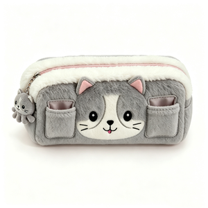 Customized grey cat plush pencil case Cute cat plush pencil pouch with charm Large capacity <b>fluffy</b> cat pen <b>bag</b> Soft plush cat - Product Image 6