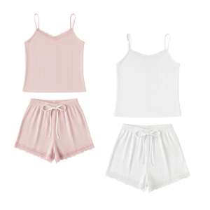 New Design Ribbed Knit Lace Trim Camisole & <b>Shorts</b> for <b>Women</b> Relaxed Fit Summer Pajama <b>Women's</b> <b>Sets</b> Wholesale Apparel Factory - Product Image 1