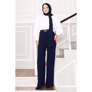 Pantalones Palazzo Azul Marino con Cintura Elástica Frontal para Mujer, de Cintura Alta o Media, Antiarrugas, de Pierna Ancha - Product Image 1