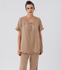 Robe de nuit personnalisée 3 pièces ensemble de pyjamas vêtements de détente demi-manches vêtements de nuit vêtements de nuit pour femmes vêtements de maison en mousseline Spaghetti Strap Beige - Product Image 2