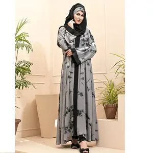 最新スタイルプリントアバヤ2024カフタントルコ控えめなイスラム服ドバイエレガントな光沢のあるシルクオープンアバヤ女性イスラム教徒のドレス