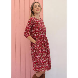 Briar <b>Dress</b> 100% Cotton Bohemian Cranberry Floral Print <b>Knee</b>-<b>Length</b> Washable for <b>Summer</b> Spring and Autumn - Product Image 2