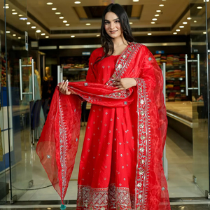 Conjuntos de Kurti Anarkali Étnicos Tradicionales de la India, Tela de Rayón, Cuello en V, Mangas Largas, Decoración Floral, Lavable a Máquina, Largo hasta la Rodilla - Product Image 1