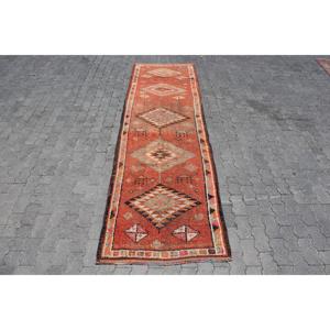 Tapis vintage 3,1 x 10,6 pieds, tapis turc Herki, tapis en laine à bordure rouge - Product Image 1