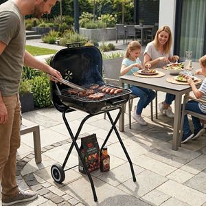 BestBQ Barbecue a Carbone in Acciaio 49x47xh.83cm con Coperchio e Ruote per Campeggio, Griglia a Forma di Barile con Finitura Metallica e Verniciatura - Product Image 1