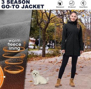 เสื้อแจ็คเก็ตกันฝนแบบยาวสำหรับผู้หญิง ผ้า softshell กันน้ำ ระบายอากาศ ซับในขนแกะ มีฮู้ด กันลม ใช้ได้ทุกฤดู - Product Image 6