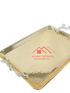 Diseño de lujo Hotel y restaurante Decir Base de madera Mango de metal Comida y bebidas Bandeja de metal para servir en acabado dorado primum - Product Image 3