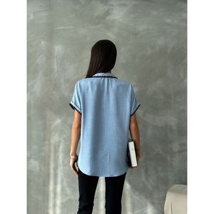 Camisa Blusa Casual de Lino y Algodón con Costuras en Contraste Azul para Mujer - Blusa de Manga Larga de Color Sólido - Product Image 5