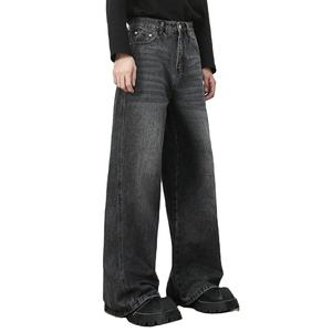 Chaqueta de mezclilla negra con lavado ácido para hombre, pantalones anchos de cintura alta estilo streetwear, corte relajado de algodón con lavado a la piedra, estilo hip hop. - Product Image 1